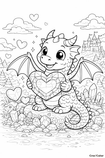 Coloriage Bébé Dragon et Cœur Diamant - Dessin Magique Facile à Imprimer