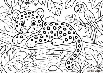 Coloriage Bébé Léopard sur une Branche - Dessin Jaguar de la Jungle et Perroquet à Imprimer Gratuit
