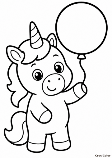 Coloriage Bébé Licorne avec un Ballon Maternelle - Dessin Licorne Kawaii Facile à Imprimer Gratuit