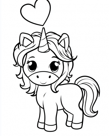 Coloriage Bébé Licorne avec un Cœur de Profil - Dessin Licorne Kawaii Facile à Imprimer Gratuit