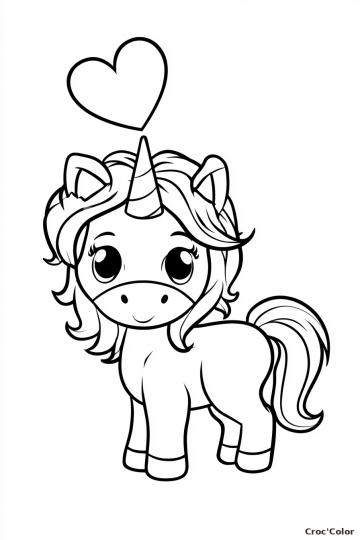 Coloriage Bébé Licorne avec un Cœur de Profil - Dessin Licorne Kawaii Facile à Imprimer Gratuit