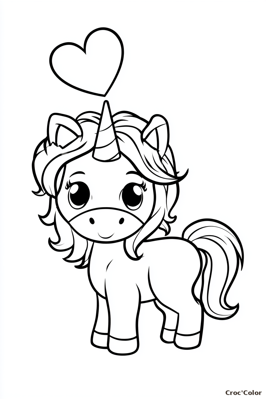 Coloriage Bébé Licorne avec un Cœur de Profil - Dessin Licorne Kawaii Facile à Imprimer Gratuit