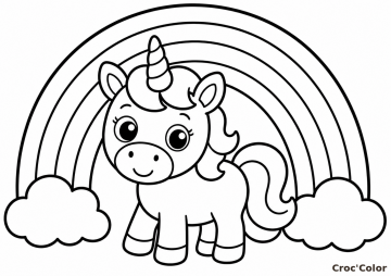 Coloriage Bébé Licorne et Arc-en-Ciel Maternelle - Dessin Licorne Kawaii Facile à Imprimer Gratuit