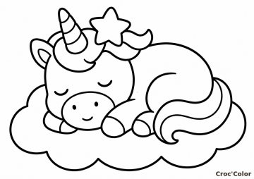 Coloriage Bébé Licorne sur un Nuage - Dessin Licorne Mignonne qui Dort Facile à Imprimer Gratuit