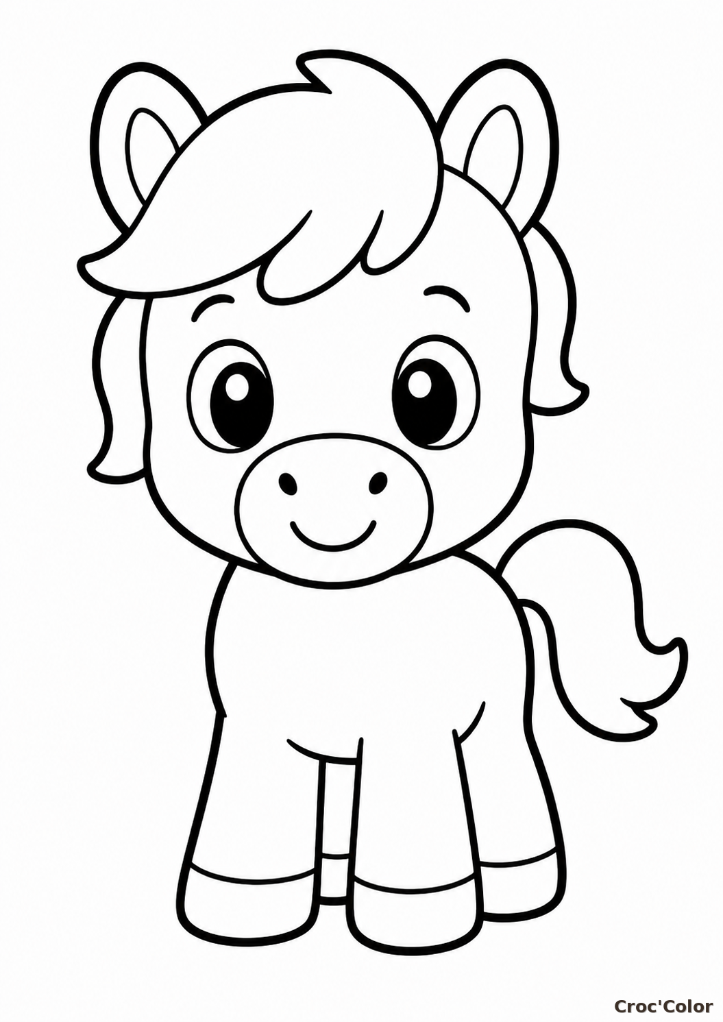 Coloriage Bébé Poney Facile Maternelle - Dessin Petit Cheval Chibi Souriant à Imprimer Gratuit