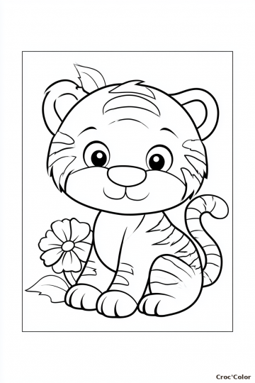 Coloriage Bébé Tigre Mignon Maternelle - Dessin Petit Tigre Facile et Fleur à Imprimer Gratuit