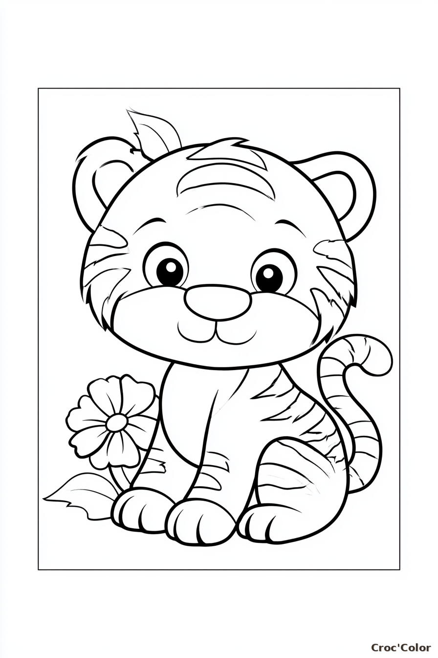 Coloriage Bébé Tigre Mignon Maternelle - Dessin Petit Tigre Facile et Fleur à Imprimer Gratuit