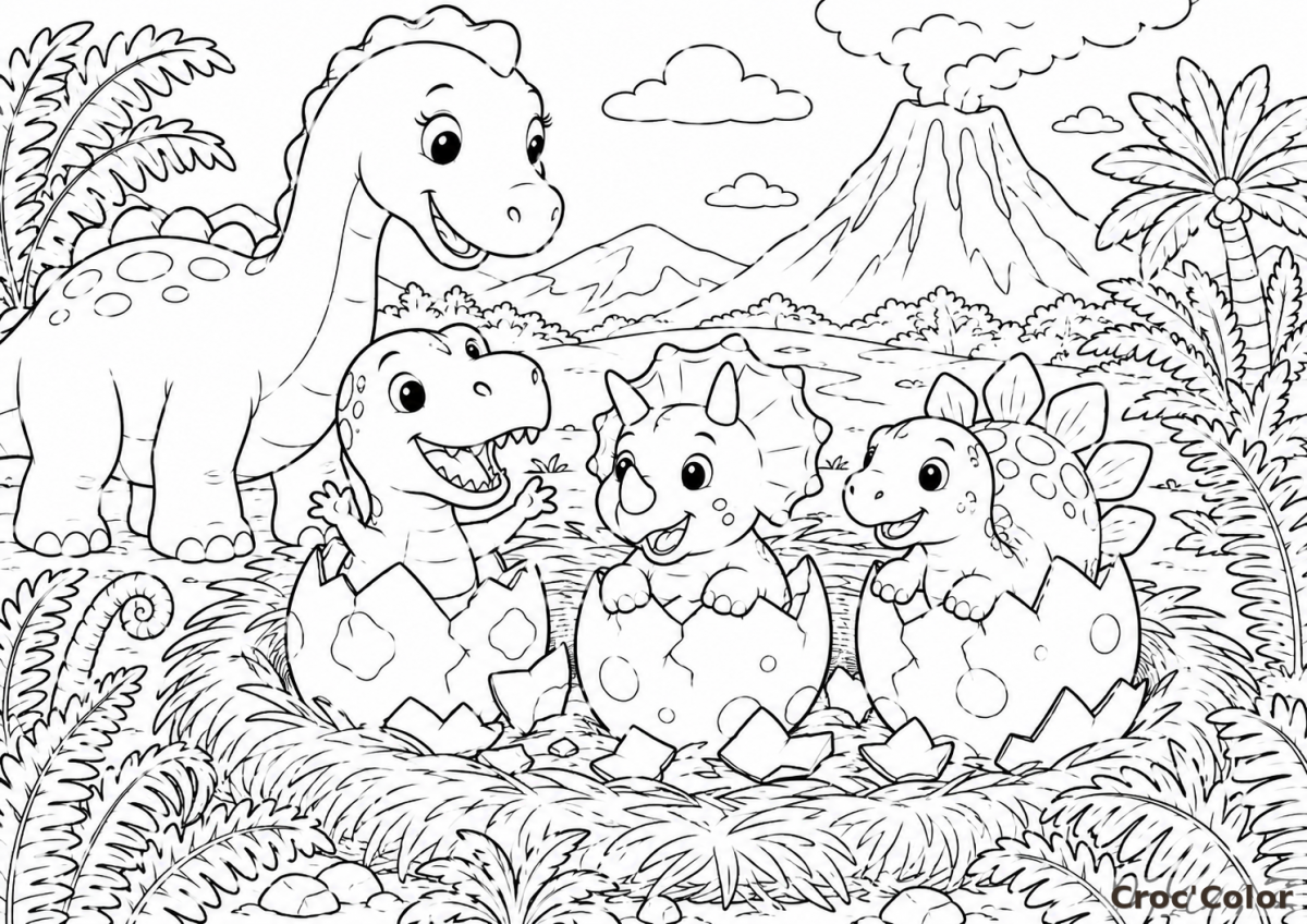Coloriage Bébés Dinosaures et Volcan - Dessin Naissance Dinosaures à Imprimer Gratuit
