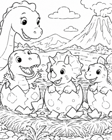 Coloriage Bébés Dinosaures et Volcan - Dessin Naissance Dinosaures à Imprimer Gratuit
