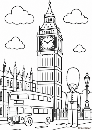 Coloriage Big Ben et Garde Royal de Londres - Dessin Bus à Double Étage, Horloge et Monument à Imprimer Gratuit