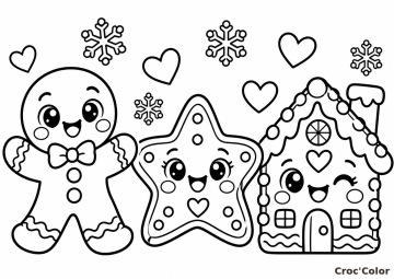 Coloriage Biscuits de Noël Kawaii Facile Maternelle – Dessin Bonhomme de Pain d&rsquo;Épices, Étoile, Maison et Flocons à Imprimer Gratuit