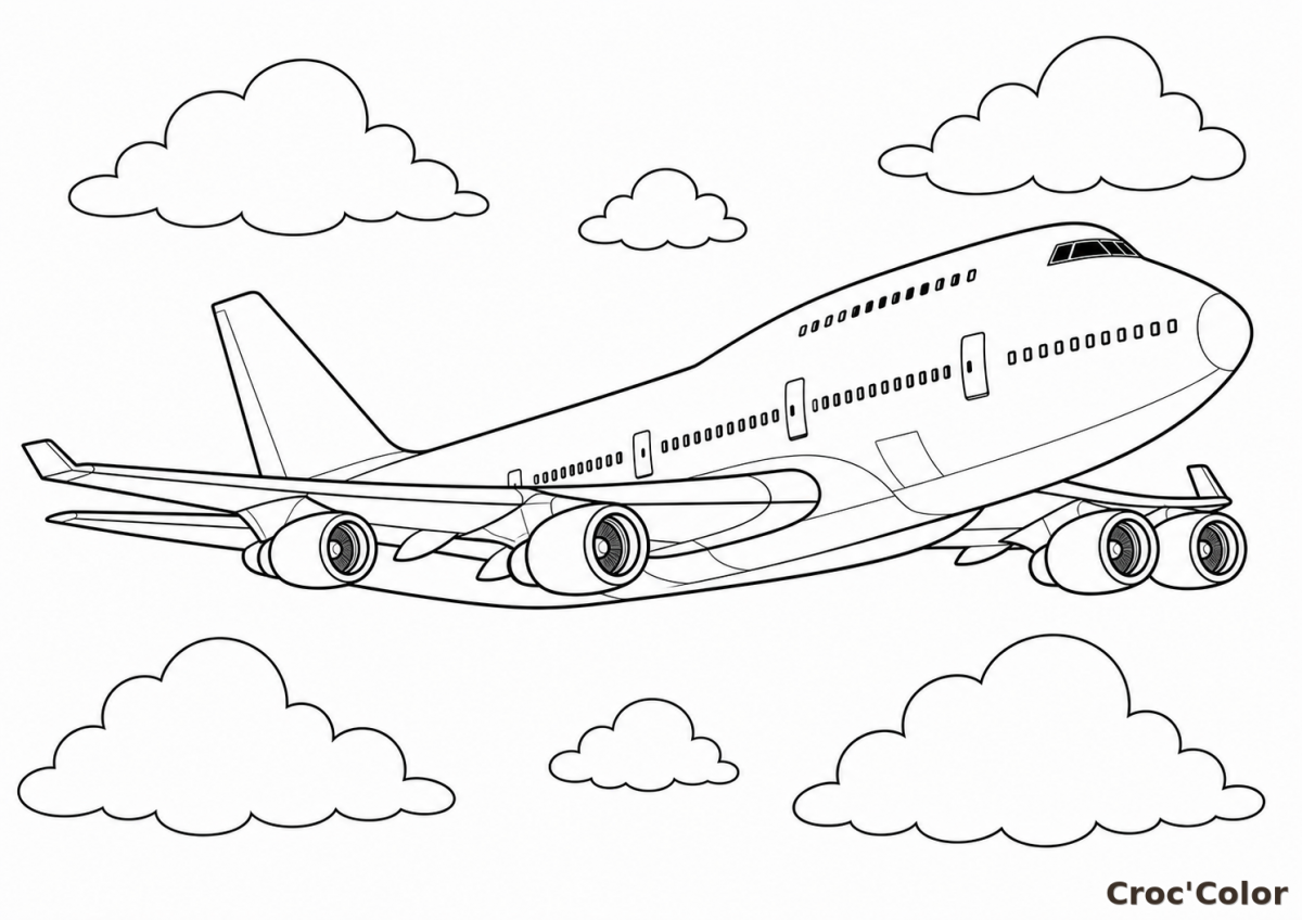 Coloriage Boeing 747 en Plein Vol - Dessin Jumbo Jet à Imprimer Gratuit