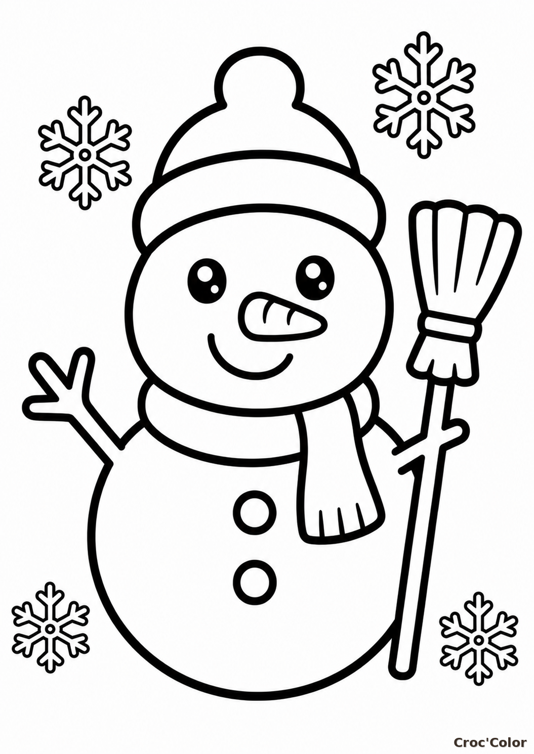 Coloriage Bonhomme de Neige Facile Maternelle - Dessin Hiver avec Balai et Flocons à Imprimer Gratuit