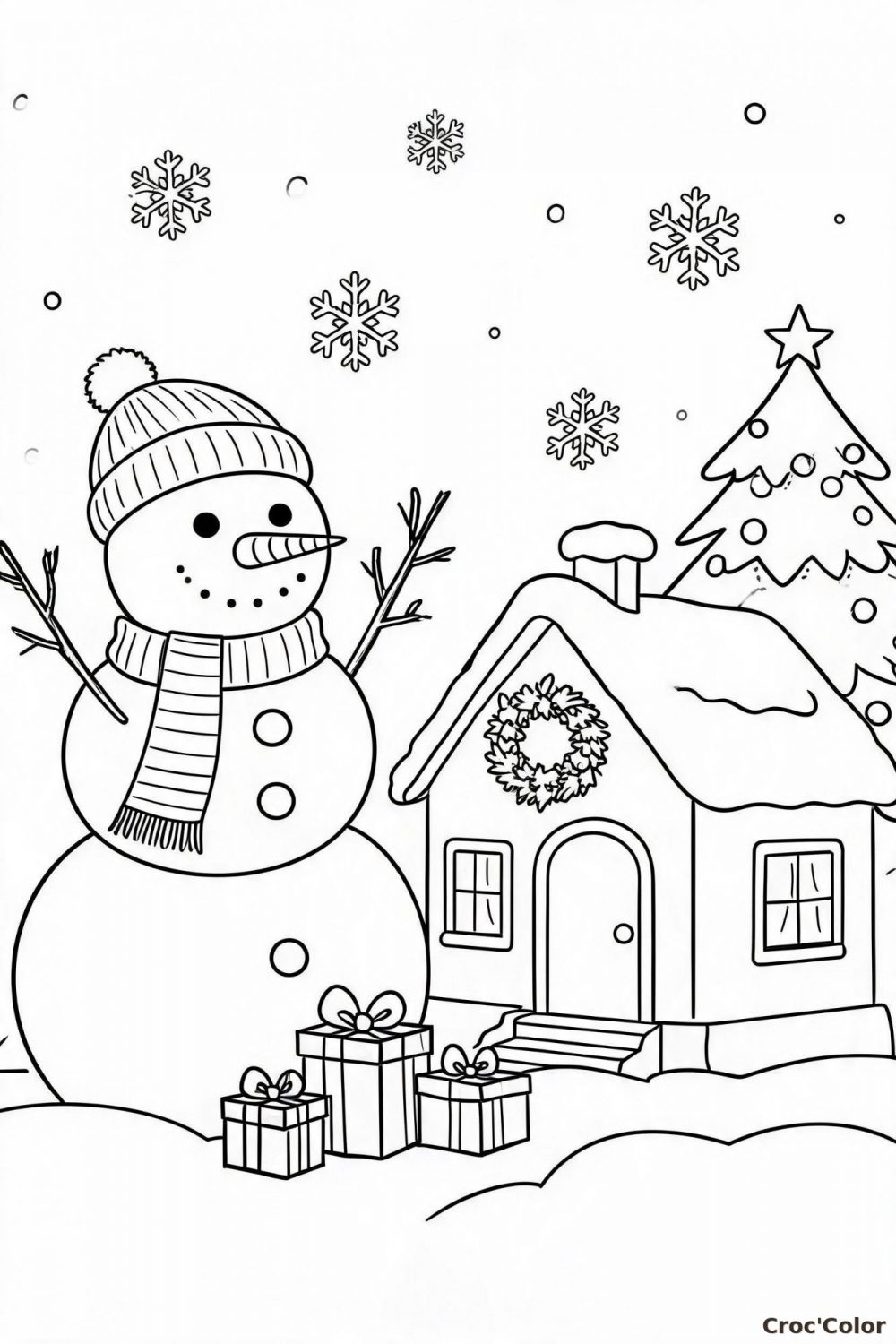 Coloriage Bonhomme de Neige et Maison sous la Neige - Dessin d'Hiver à Imprimer