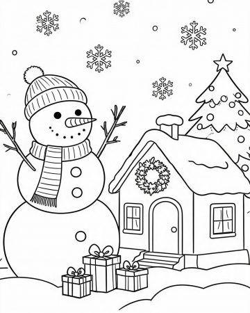Coloriage Bonhomme de Neige et Maison sous la Neige - Dessin d'Hiver à Imprimer