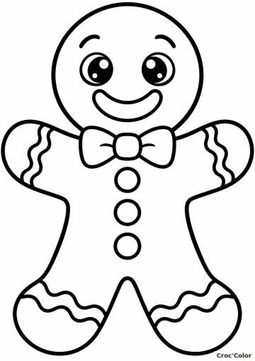 Coloriage Bonhomme en Pain d'Épices Facile Maternelle - Dessin Biscuit de Noël Kawaii, Noeud Papillon et Bonbons à Imprimer Gratuit