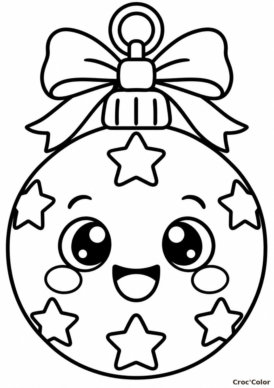 Coloriage Boule de Noël Rigolote Kawaii - Dessin Boule de Sapin Souriante, Noeud et Étoiles à Imprimer Gratuit