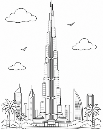 Coloriage Burj Khalifa Dubaï - Dessin Gratte-ciel le Plus Haut du Monde à Imprimer