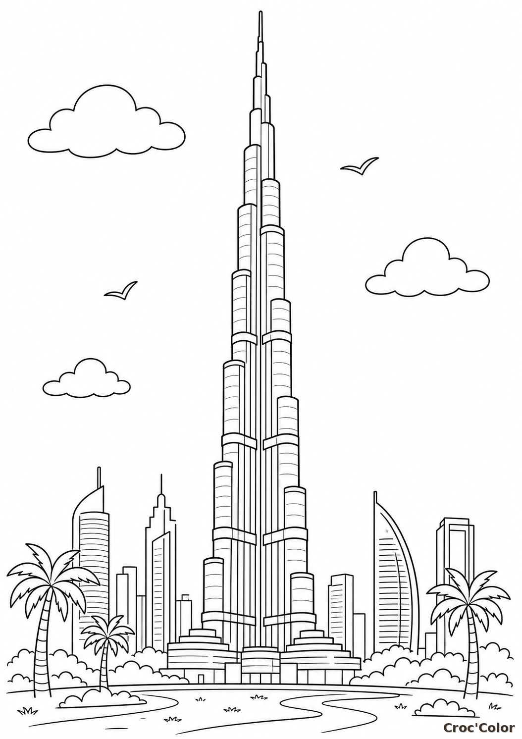 Coloriage Burj Khalifa Dubaï - Dessin Gratte-ciel le Plus Haut du Monde à Imprimer