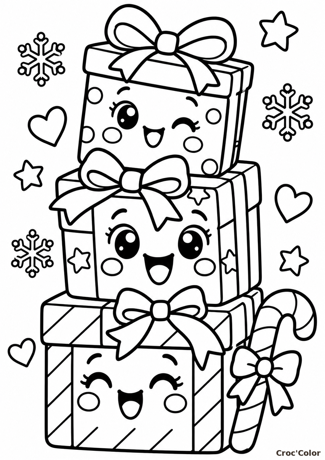 Coloriage Cadeaux de Noël Kawaii Facile - Dessin Pile de Paquets Cadeaux Souriants, Rubans et Sucre d'Orge à Imprimer Gratuit