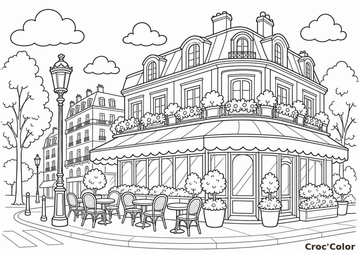 Coloriage Café de Paris et Immeuble Haussmannien - Dessin Terrasse Parisienne à Imprimer Gratuit
