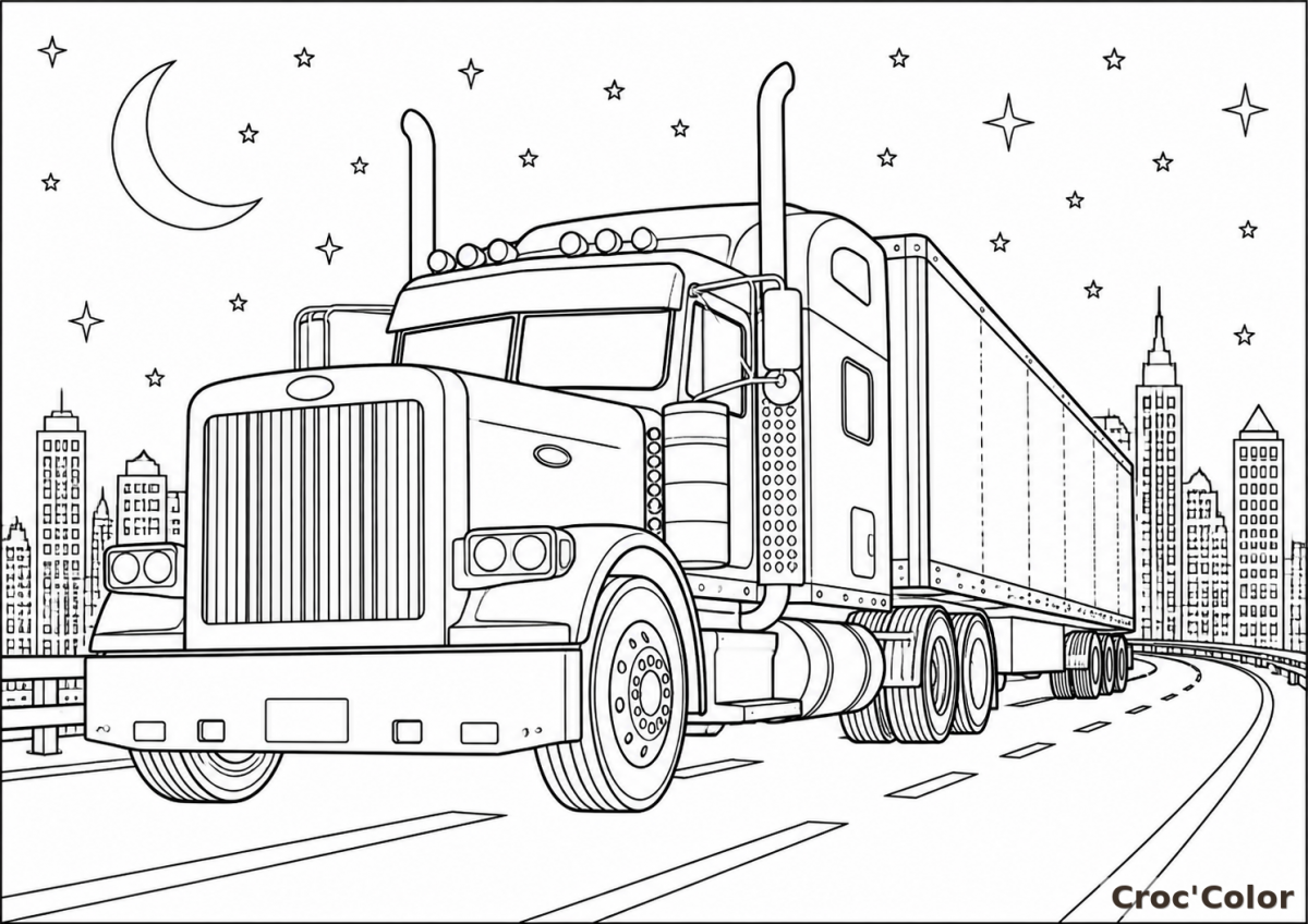 Coloriage Camion Américain Semi-Remorque - Dessin Grand Camion de Nuit à Imprimer