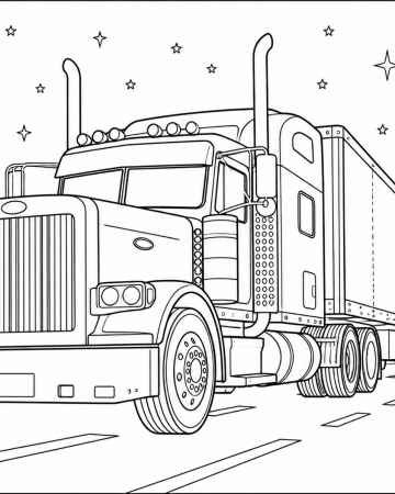 Coloriage Camion Américain Semi-Remorque - Dessin Grand Camion de Nuit à Imprimer
