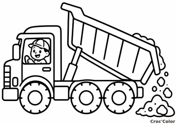 Coloriage Camion Benne Facile – Dessin Camion de Chantier, Chauffeur, Benne Basculante et Sable à Imprimer Gratuit