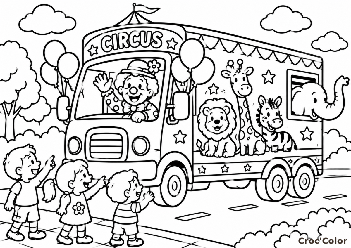 Coloriage Camion de Cirque et Animaux - Dessin Clown, Éléphant, Lion, Girafe, Zèbre et Enfants à Imprimer Gratuit
