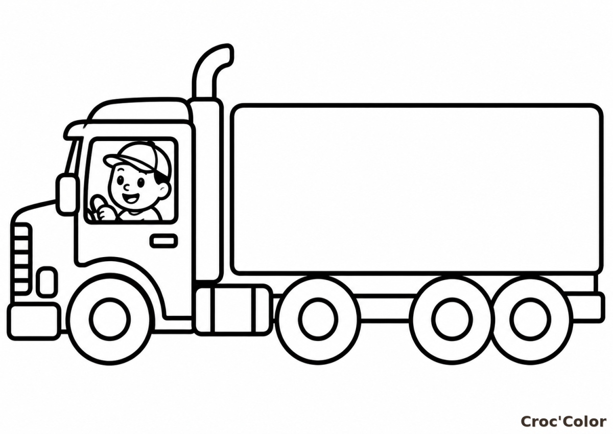 Coloriage Camion de Livraison Facile - Dessin Grand Poids Lourd, Chauffeur Souriant et Remorque à Imprimer Gratuit