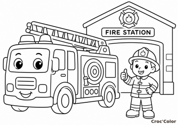 Coloriage Camion de Pompiers et Pompier Facile - Dessin Caserne de Pompiers à Imprimer Gratuit
