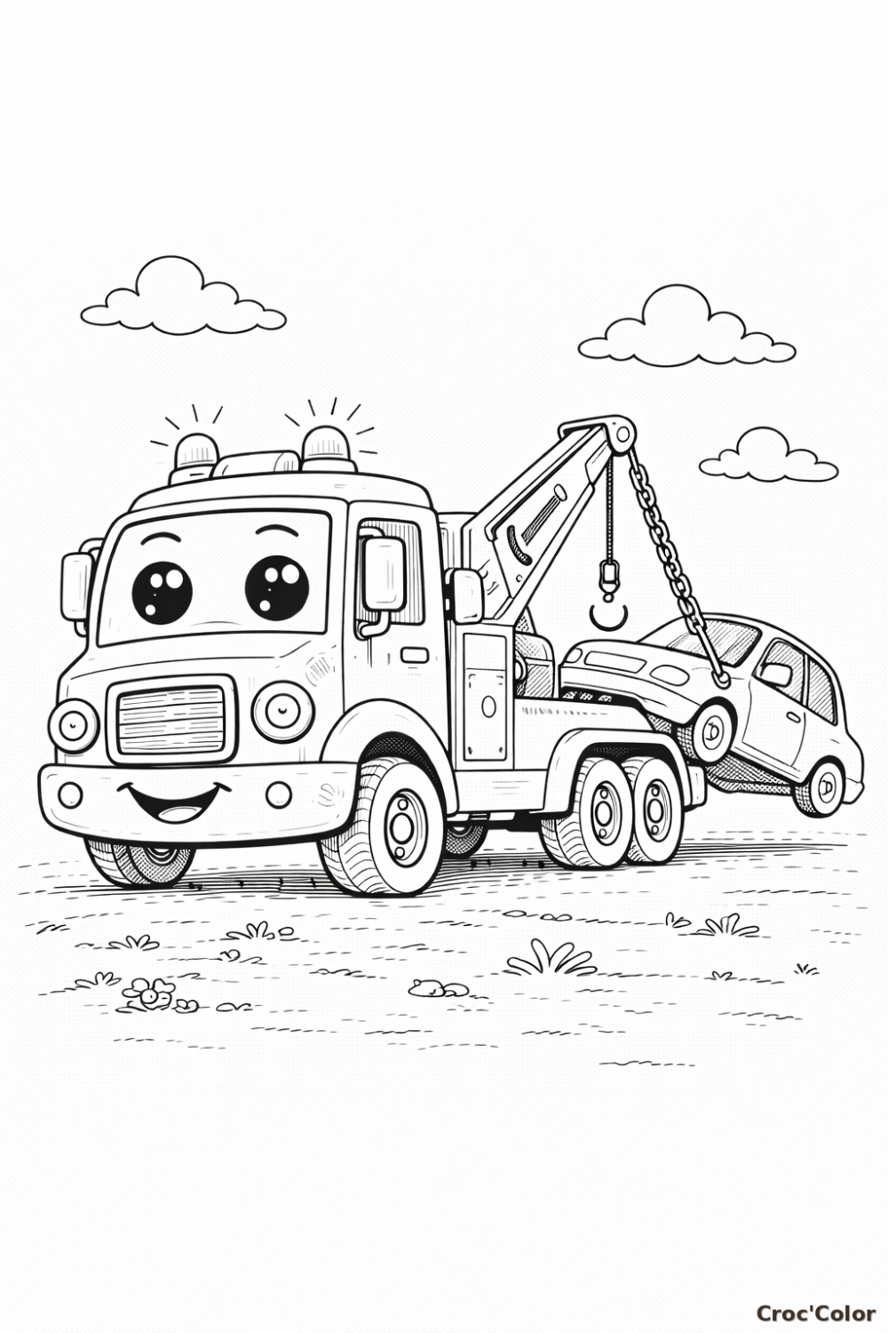 Coloriage Camion de Remorquage Rigolo avec une Voiture - Gratuit à Imprimer