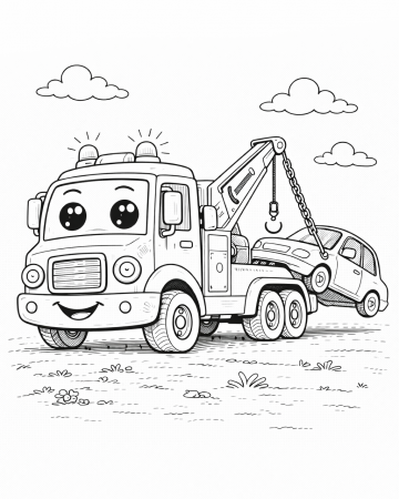 Coloriage Camion de Remorquage Rigolo avec une Voiture - Gratuit à Imprimer