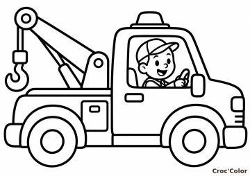 Coloriage Camion Dépanneuse Facile Maternelle - Dessin Camionnette de Dépannage, Chauffeur et Crochet à Imprimer Gratuit
