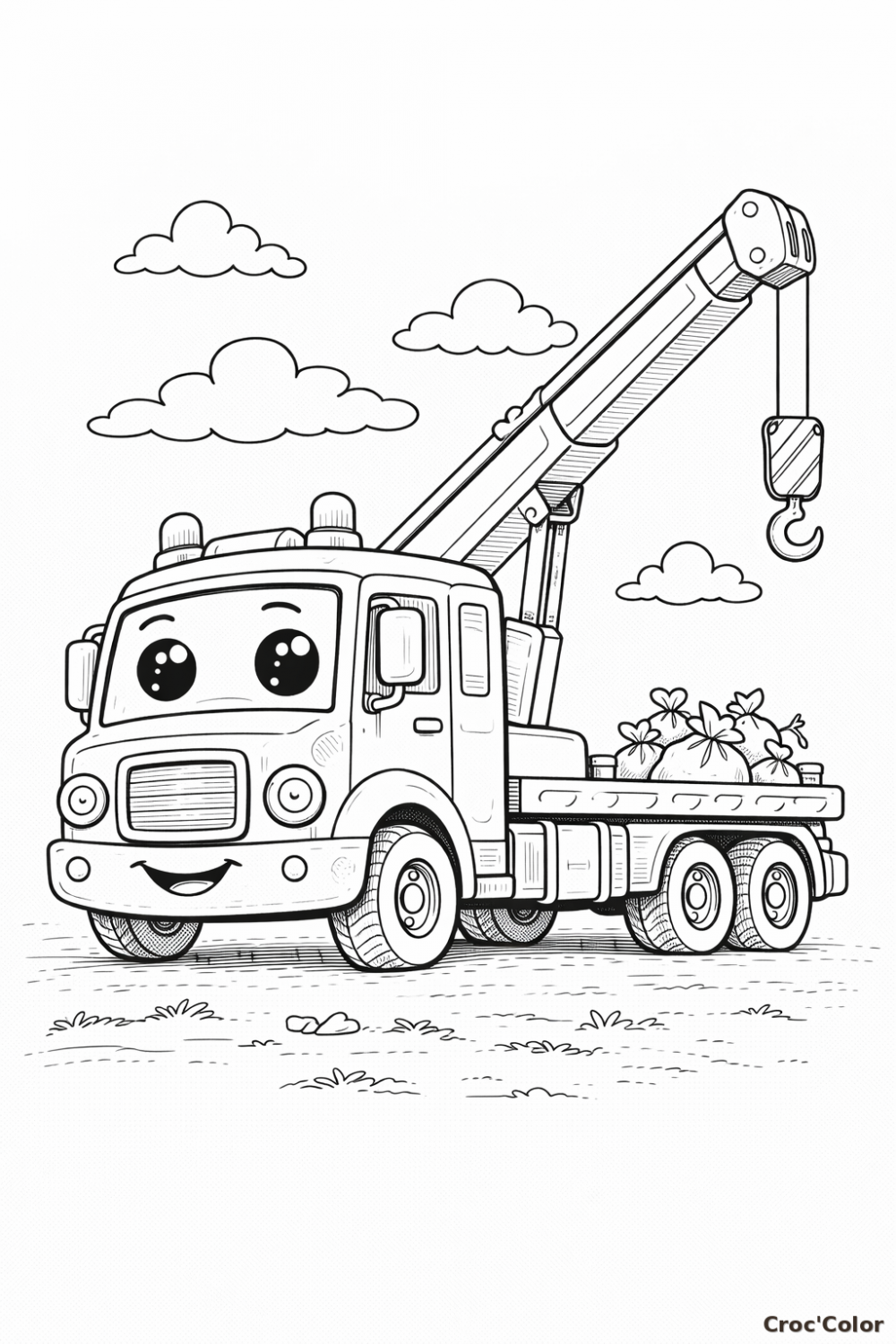 Coloriage Camion Grue Facile - Dessin Camion de Chantier Maternelle à Imprimer Gratuit