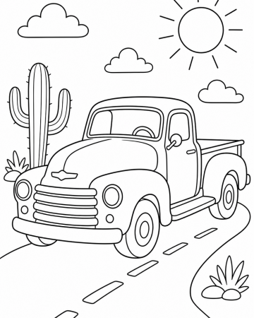 Coloriage Camion Pick-up Vintage dans le Désert - Dessin de Voiture à Imprimer