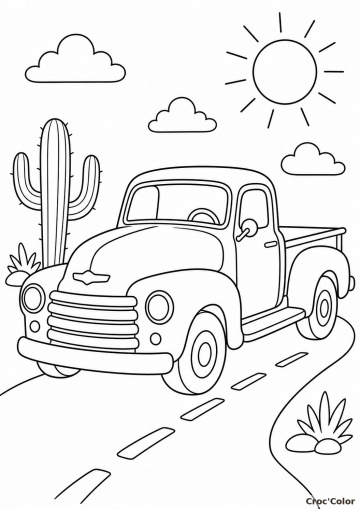 Coloriage Camion Pick-up Vintage dans le Désert - Dessin de Voiture à Imprimer