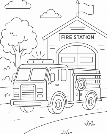 Coloriage Camion de Pompier devant la Caserne : Dessin de Secours à Imprimer