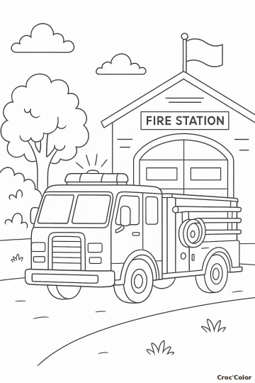 Coloriage Camion de Pompier devant la Caserne : Dessin de Secours à Imprimer