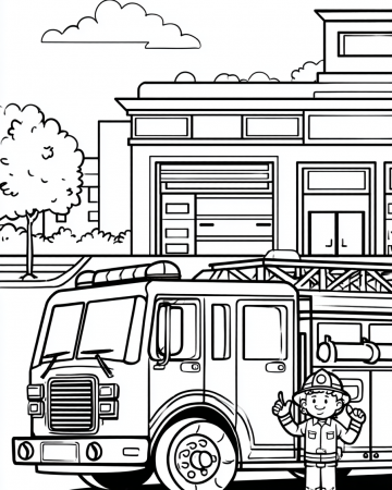 Coloriage Camion de Pompier Caserne - Dessin Pompier Maternelle à Imprimer Gratuit