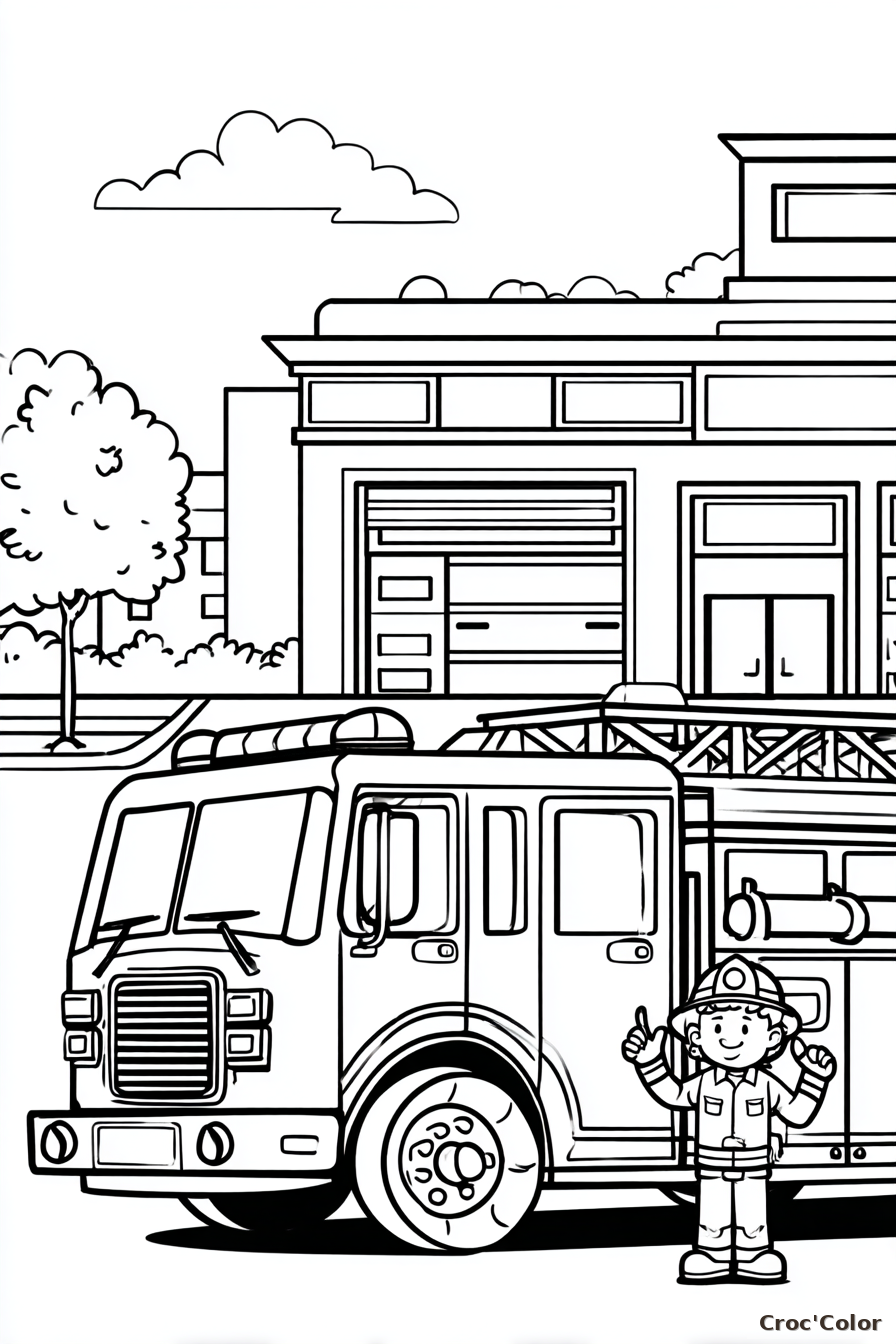 Coloriage Camion de Pompier Caserne - Dessin Pompier Maternelle à Imprimer Gratuit