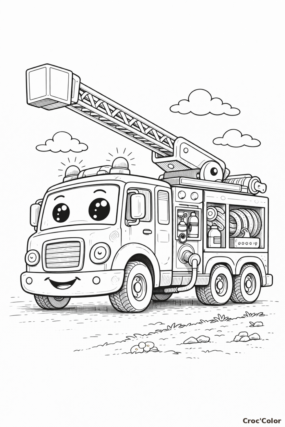 Coloriage Camion de Pompier Rigolo avec Grande Échelle : Dessin à Imprimer