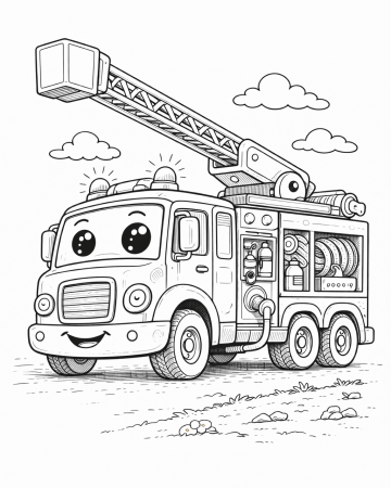 Coloriage Camion de Pompier Rigolo avec Grande Échelle : Dessin à Imprimer