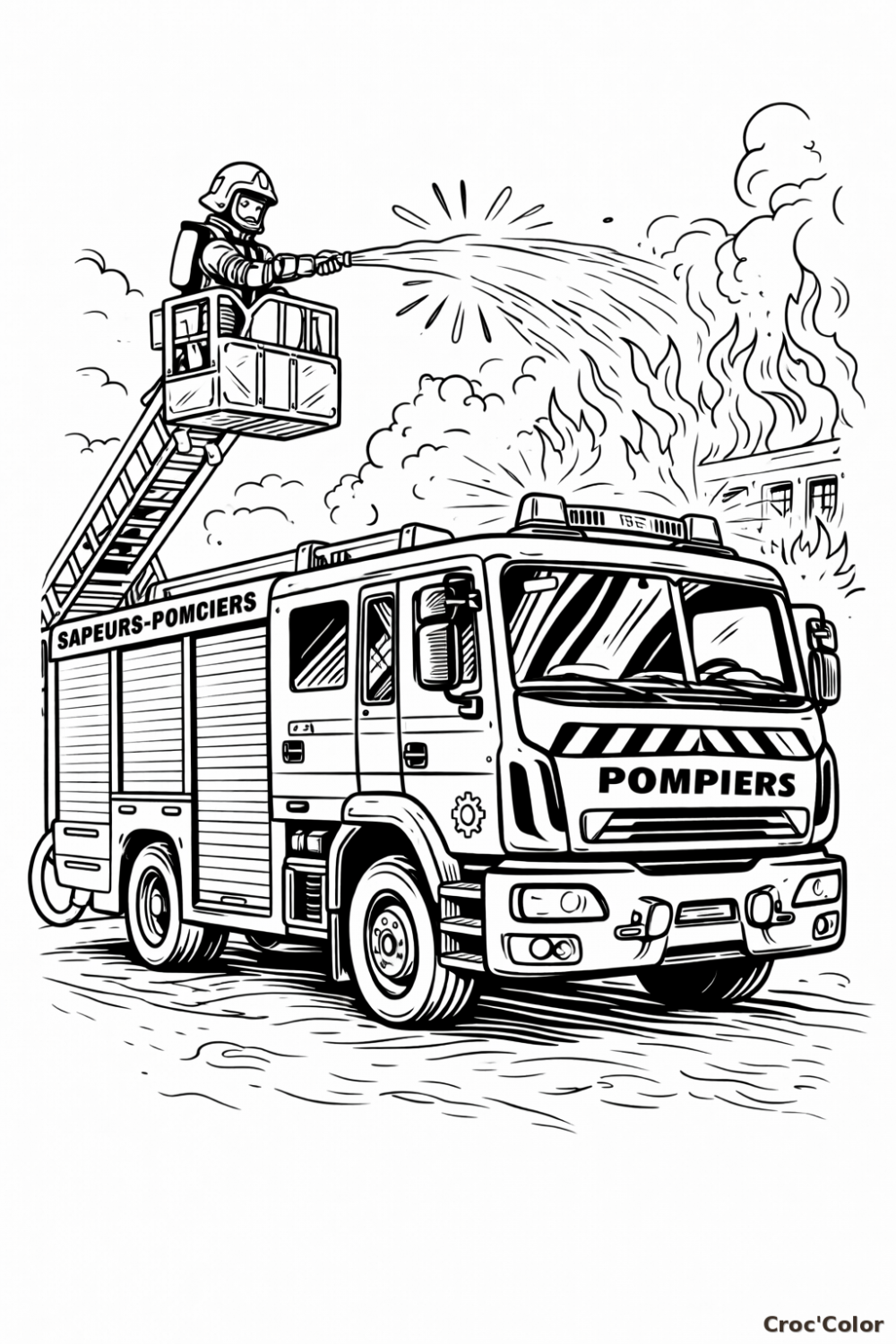 Coloriage Camion de Pompier Grande Échelle - Dessin Intervention Incendie à Imprimer Gratuit