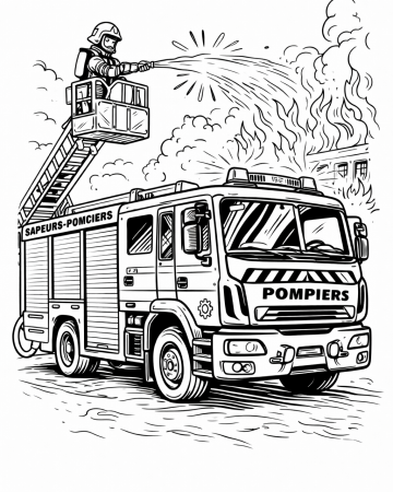 Coloriage Camion de Pompier Grande Échelle - Dessin Intervention Incendie à Imprimer Gratuit