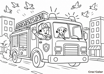 Coloriage Camion de Pompier en Intervention - Dessin Pompier Sauveteur et Chien Dalmatien à Imprimer Gratuit