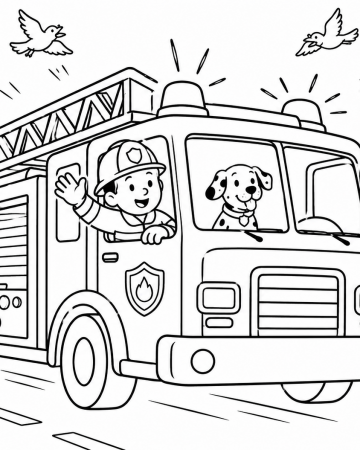 Coloriage Camion de Pompier en Intervention - Dessin Pompier Sauveteur et Chien Dalmatien à Imprimer Gratuit