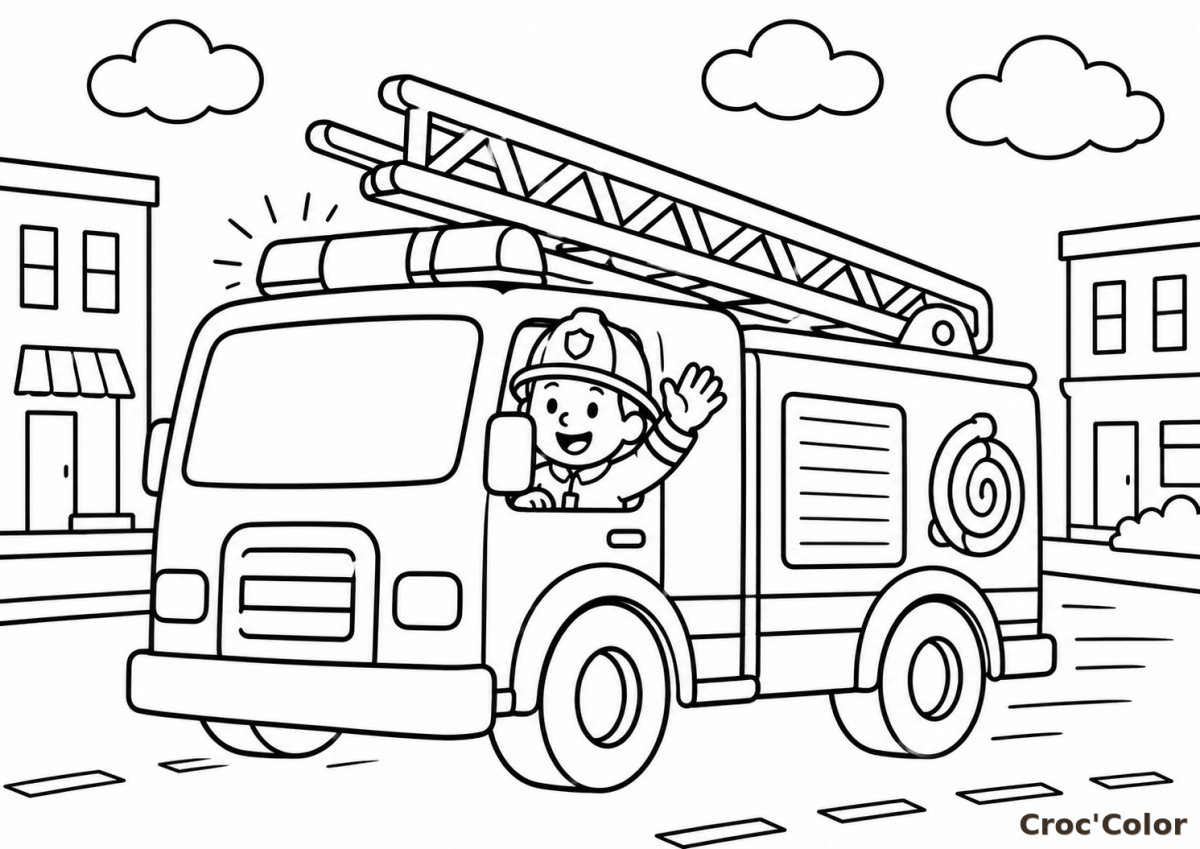 Coloriage Camion de Pompier de Ville - Dessin Pompier au Volant Facile à Imprimer Gratuit
