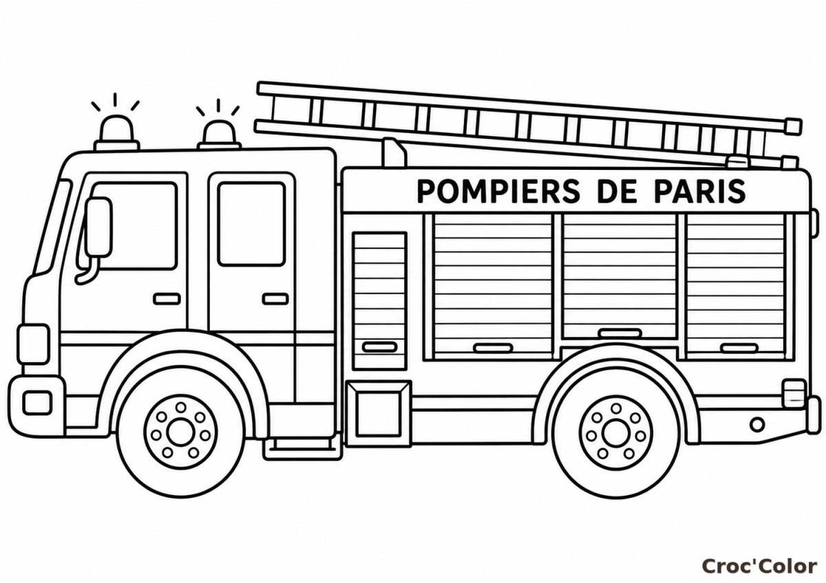 Coloriage Camion Pompiers de Paris Facile - Dessin Camion de Pompier Grande Échelle, Girophares et Rideaux à Imprimer Gratuit