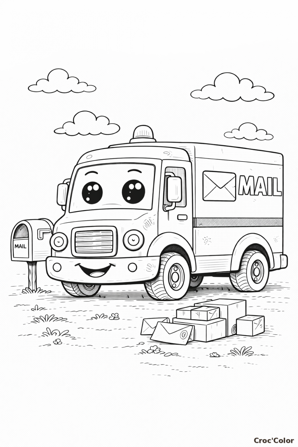 Coloriage Camion de Poste Rigolo et ses Colis - Gratuit à Imprimer